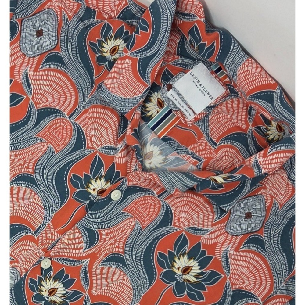 DENIM & FLOWER Ricky Singh Hawaiian Button Up S/S Shirt Mens XL Blue & Orange